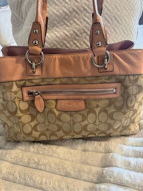 Coach Penelope Tote in Tan with Peach/Pink Leather Trim